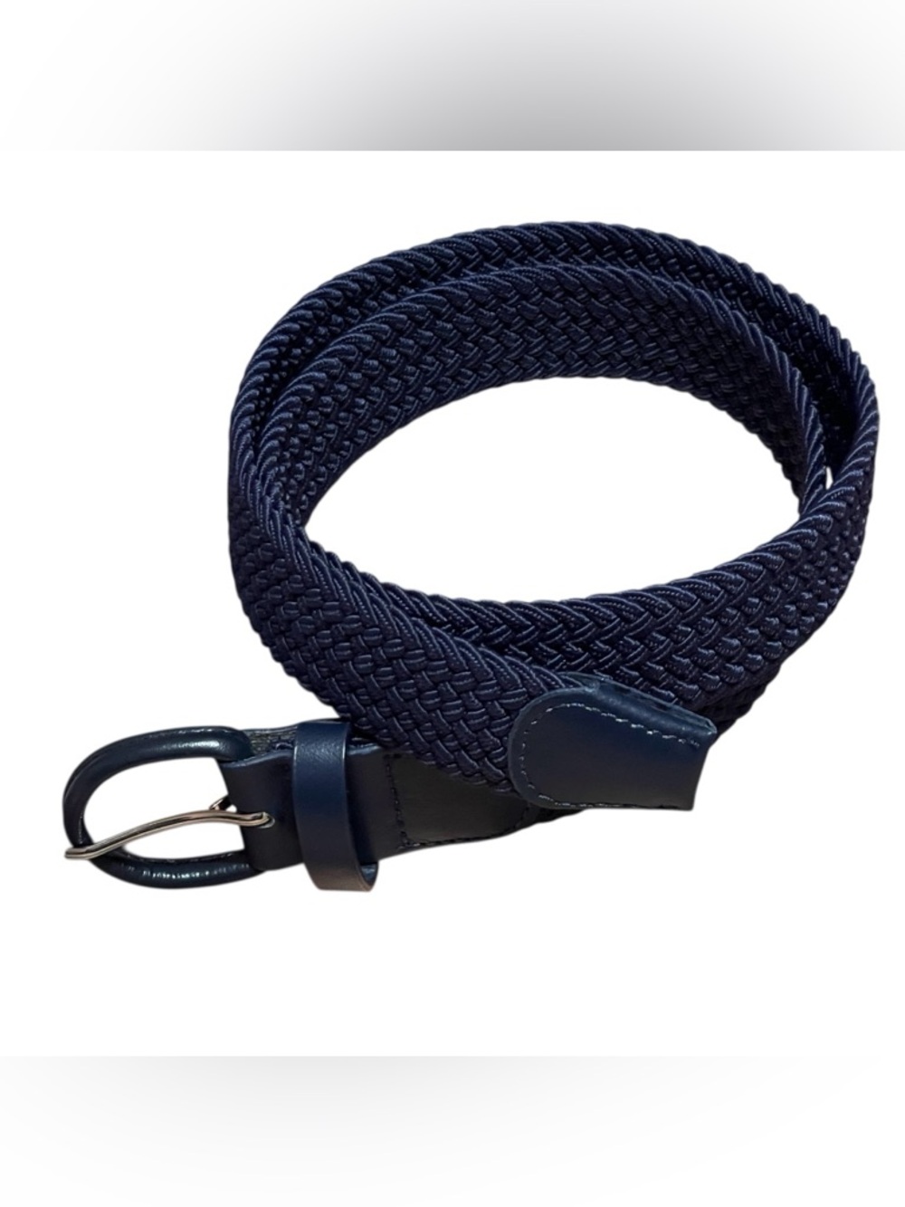 Womens Stretch Woven Elastic Belt Covered Buckle Faux Leather Navy Blue Size 32 - Picture 2 of 8